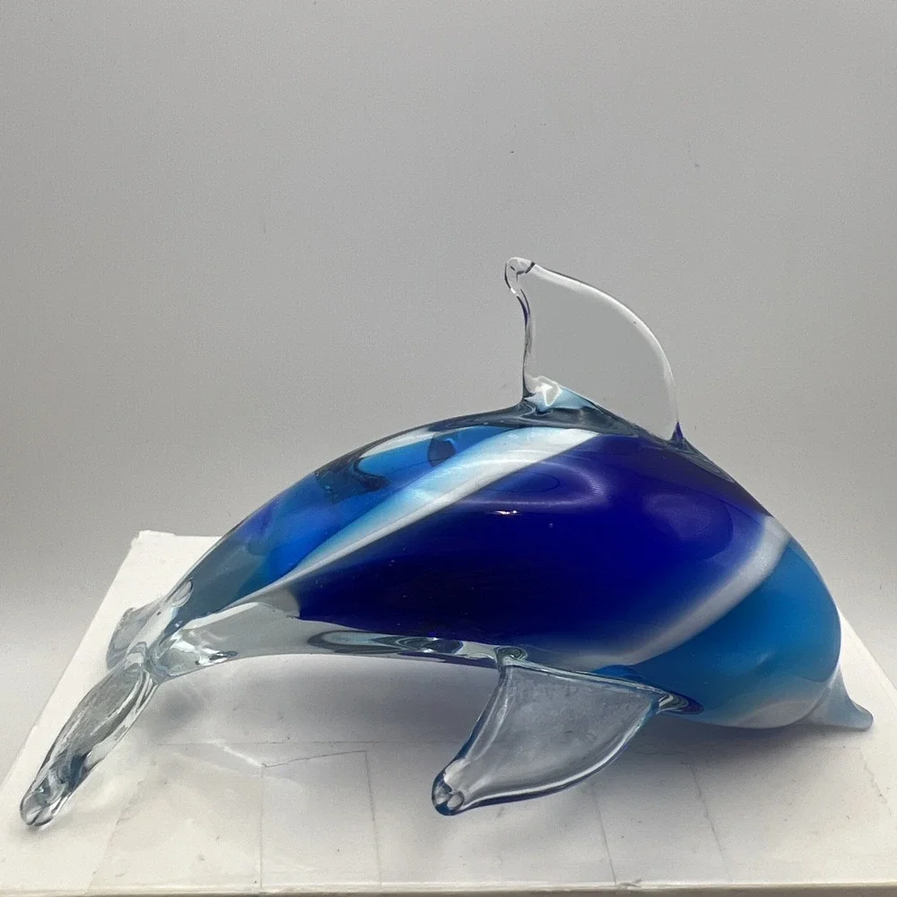 Vintage Hand Blown Art Glass Dolphin Figurine Blue White Swirl Paperweight 6